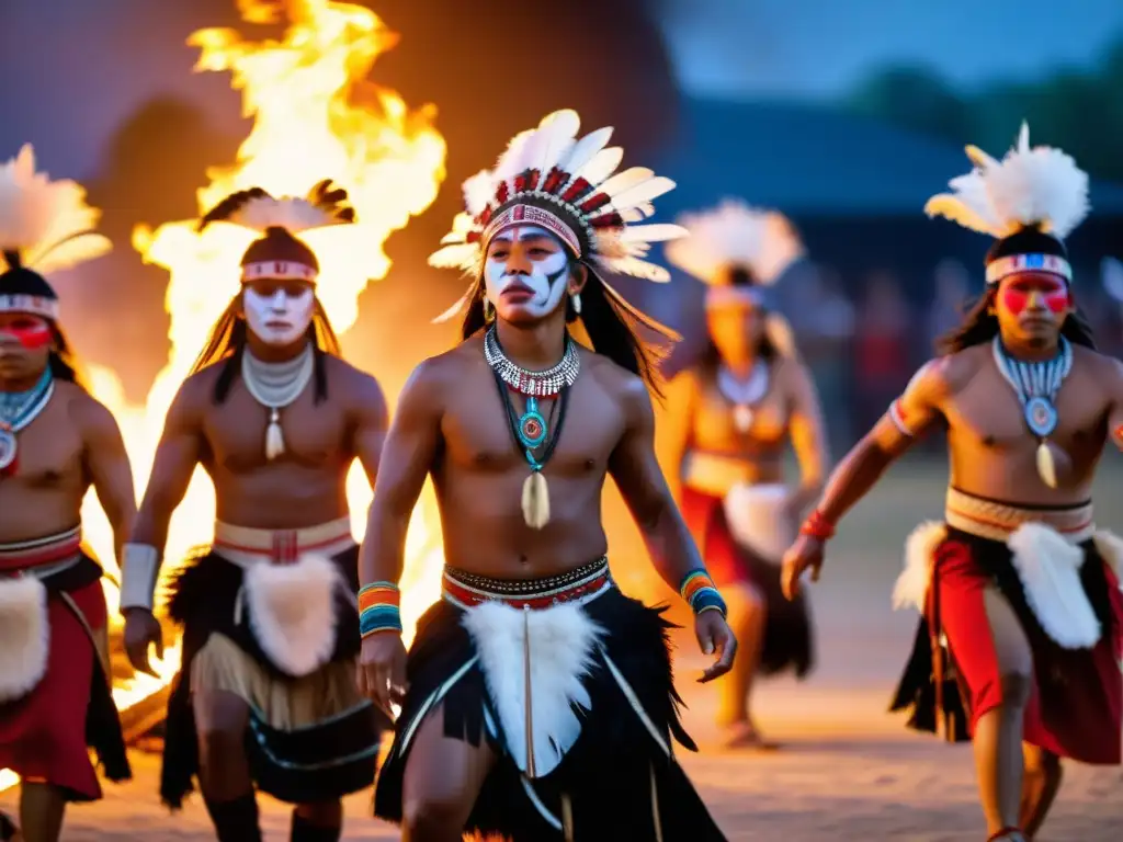 Danza en rituales sagrados preservación: Bailarines indígenas realizan un ritual sagrado alrededor de una fogata, con trajes tradicionales y movimientos llenos de energía y color