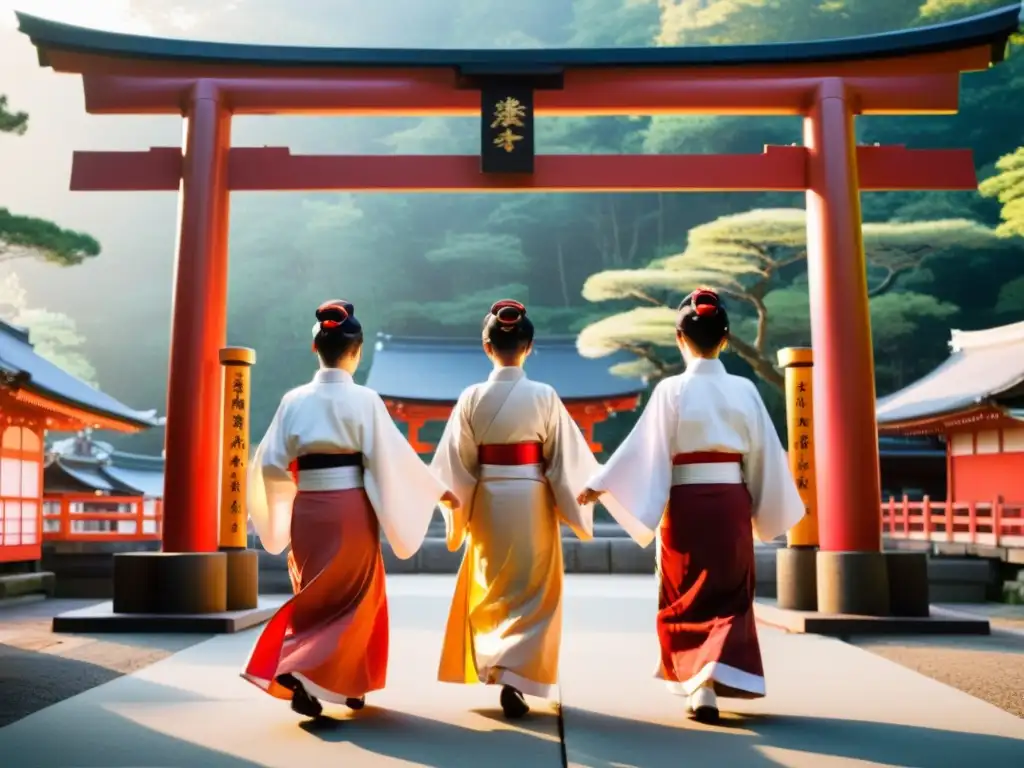 Danza en los rituales Shinto Japoneses: Grupo de sacerdotes y sacerdotisas realizando una danza ritual frente a un gran torii al amanecer, transmitiendo gracia y conexión espiritual