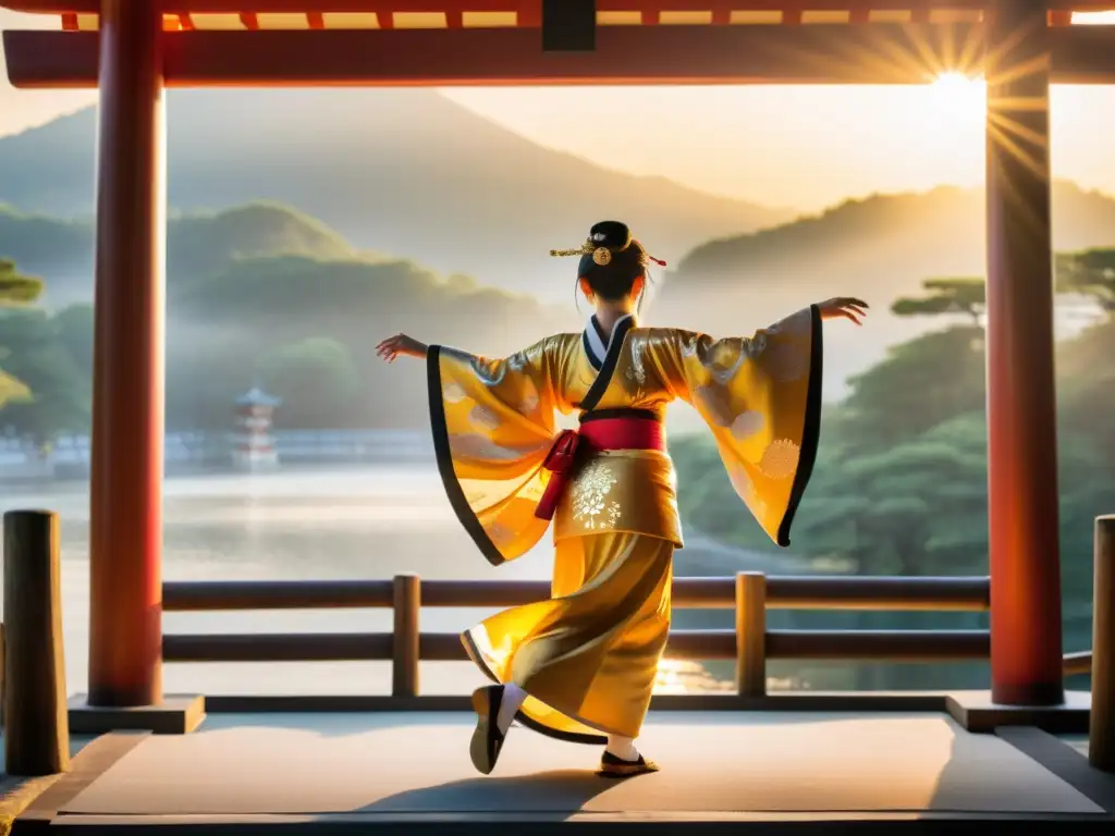 Danza en los rituales Shinto Japoneses: Deslumbrante actuación al amanecer en un santuario, con trajes vibrantes y escenario sereno