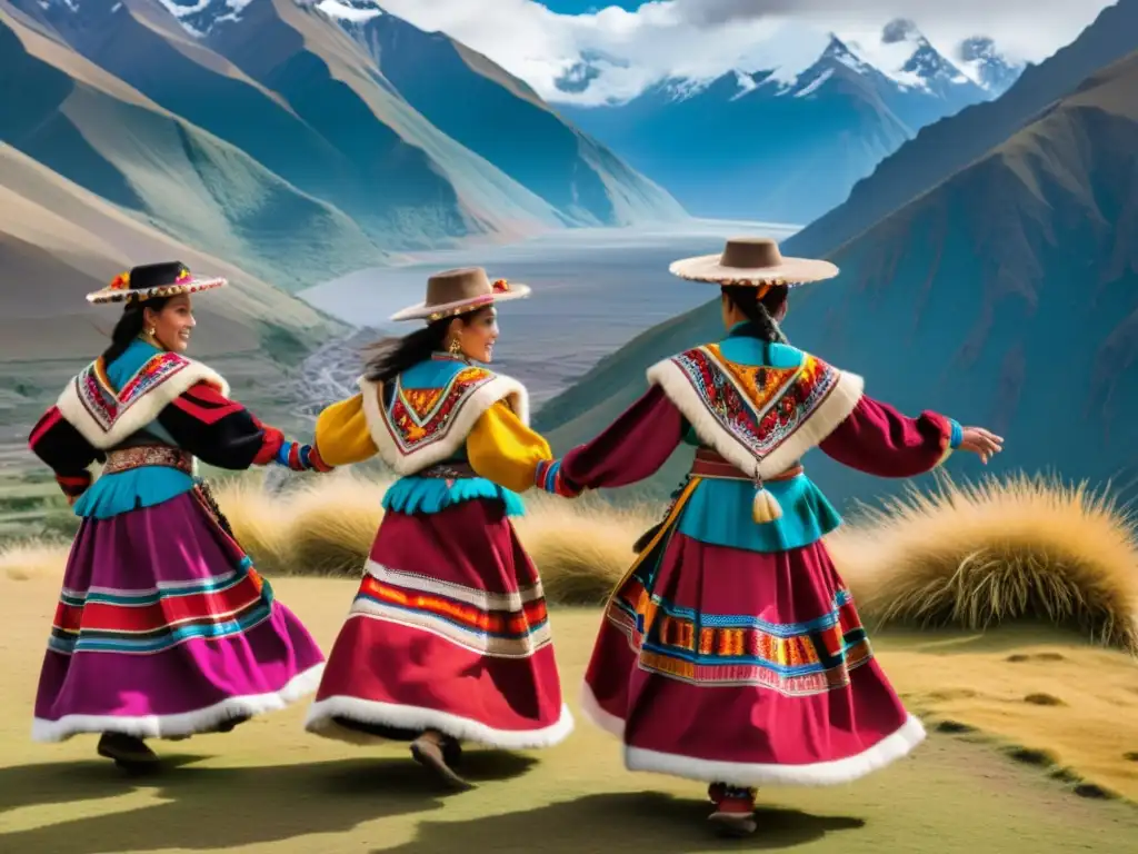 Danza romántica andina técnica: Grupo de bailarines en trajes vibrantes realizando una danza emotiva frente a un impresionante paisaje de montañas