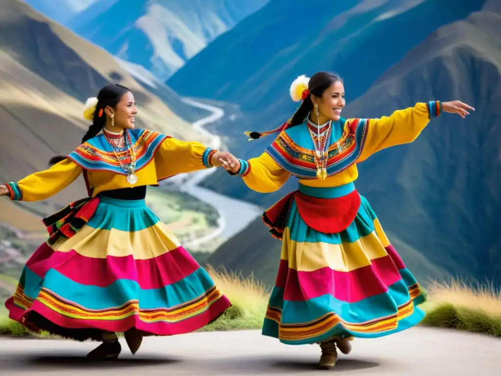 Danza romántica andina técnica: baile expresivo en los Andes con trajes vibrantes, montañas de Ecuador de fondo