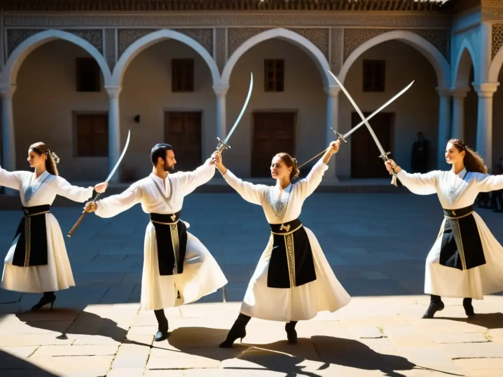 Danza de los Sables Georgiana: Grupo de bailarines con trajes tradicionales realizando la gracia y fuerza de esta antigua tradición cultural