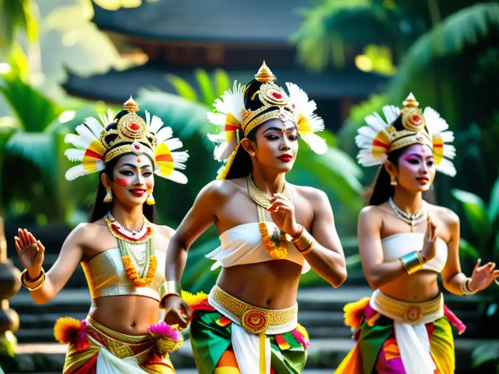 Danza sagrada del Barong en Bali, con vibrantes trajes y escenario tropical en el Festival de Danza de Bali