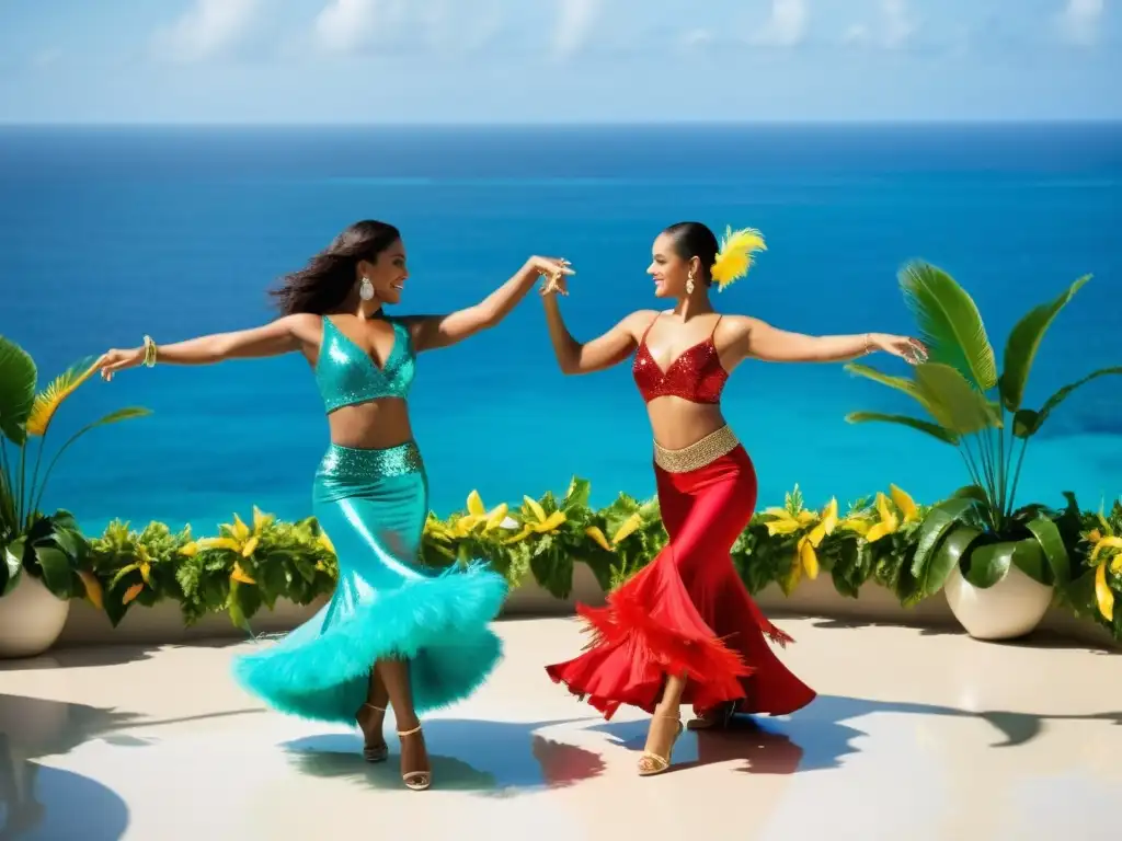 Danza de salsa vibrante y colorida en una terraza al sol con vista al mar Caribe