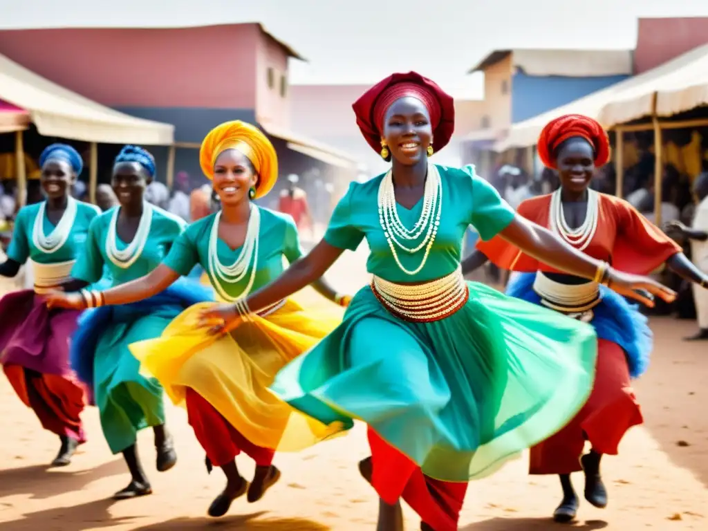 Danza Mbalax en Senegal: vibrante celebración cultural con danzantes senegaleses en trajes tradicionales saltando en el bullicioso mercado