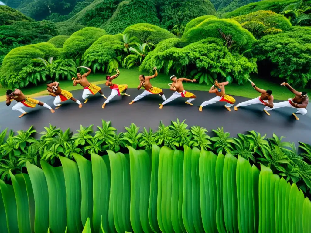 Danza de la serpiente en Fiji: Grupo de bailarines fijianos realizando la hipnótica danza de la serpiente, rodeados de exuberante vegetación