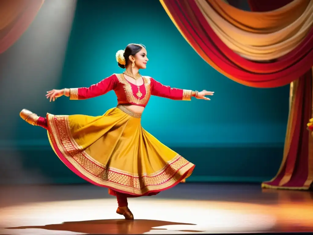 Danza Kathak India significado cultural: Una bailarina Kathak tradicional realiza movimientos elegantes y expresivos en un escenario, envuelta en un atuendo vibrante que realza su gracia