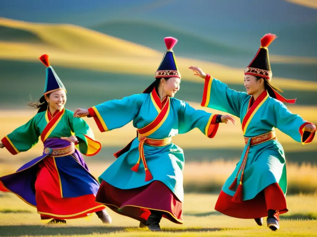 Danza del Sombrero de Mongolia: Bailarines con trajes tradicionales realizan la danza, creando una impresionante silueta contra la estepa mongol