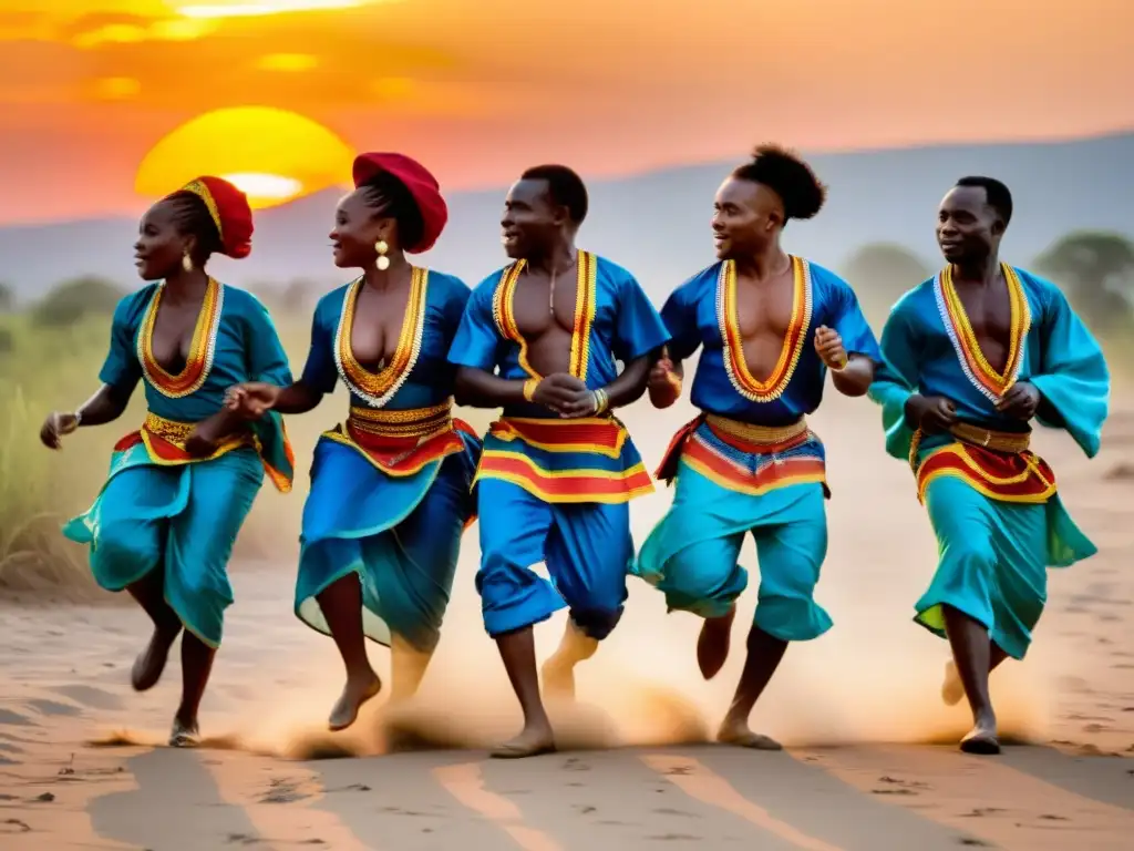Danza Soukous en la República Democrática del Congo: Bailarines congoleños en trajes tradicionales moviéndose al ritmo de la música soukous bajo la cálida luz del atardecer, creando un espectáculo visual impresionante