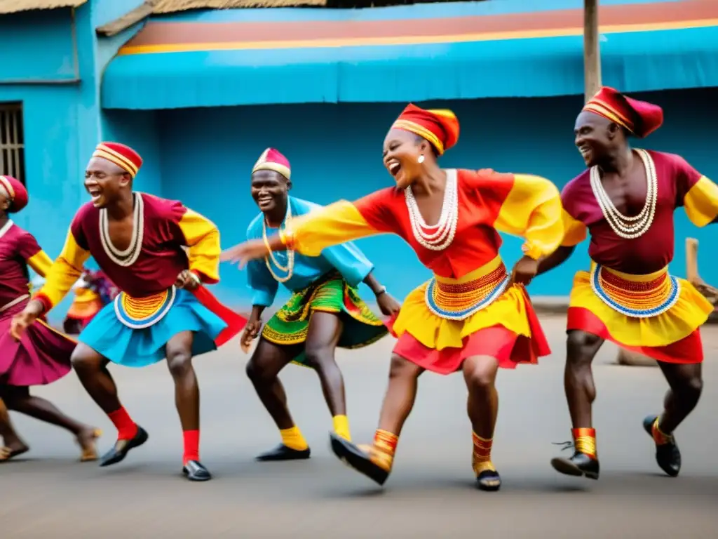 Danza Soukous en la República Democrática del Congo: Grupo exuberante de bailarines congoleños vestidos con trajes tradicionales coloridos, celebrando con gracia y alegría al ritmo de la música vibrante