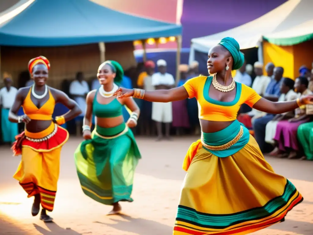 Danza Soukous tradicional africana: Bailarines con trajes coloridos danzan al atardecer en un bullicioso mercado africano