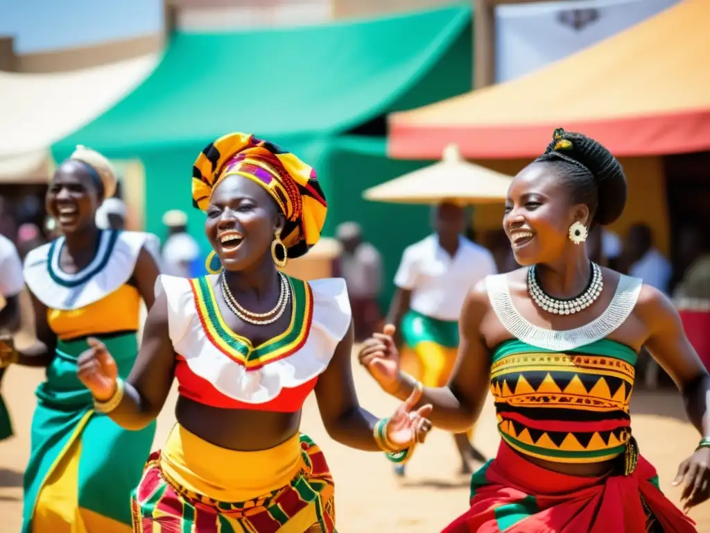 Danza Soukous tradicional africana: Bailarines africanos con trajes vibrantes en un mercado bullicioso, celebrando con gracia y alegría