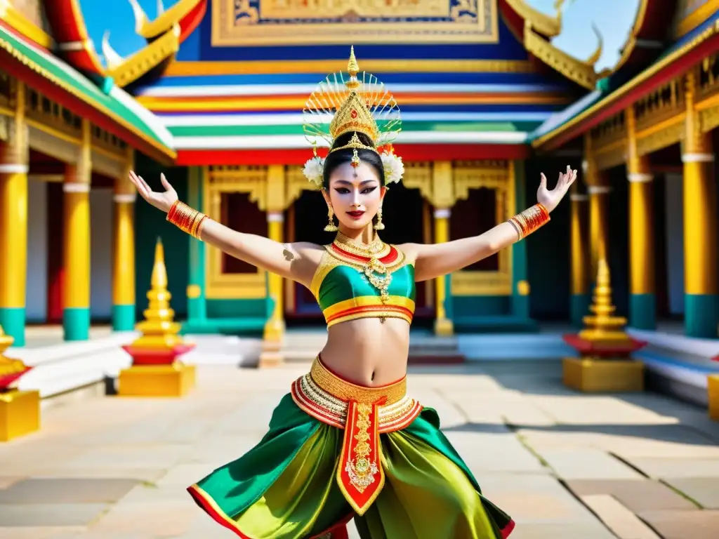 Danza de los Espíritus Adivinos Tailandia: Un bailarín tailandés viste un elaborado traje colorido y realiza una danza sagrada en un vibrante templo