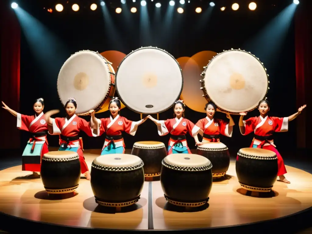 Danza de tambores Taiko Japón: Intensa presentación de Taiko con trajes tradicionales, expresiones enfocadas y vibrantes colores