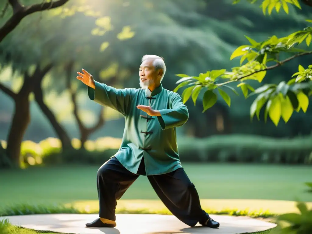 Danza Tai Chi Chuan técnicas: Maestro de Tai Chi Chuan moviéndose graciosamente en un jardín sereno, irradiando sabiduría y tranquilidad