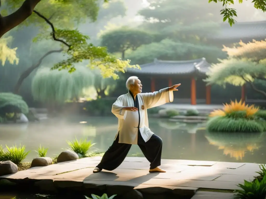 Danza Tai Chi Chuan técnicas: Maestro de Tai Chi en jardín sereno, irradiando sabiduría y paz interior en movimiento fluido