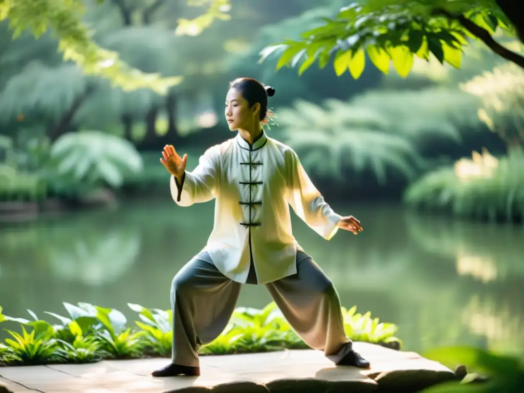 Danza Tai Chi Chuan técnicas: Practicante en atuendo tradicional realiza movimientos elegantes en un jardín sereno con estanque