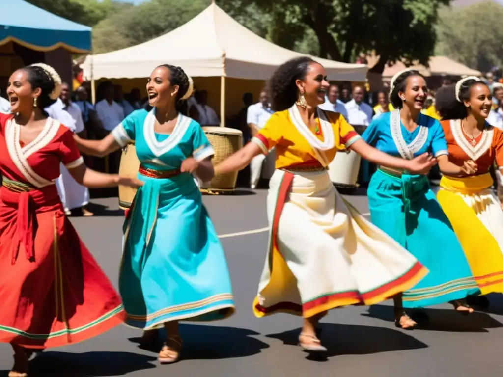 Danza Tigrinya de Eritrea: bailarines en trajes tradicionales realizan una danza elegante, mientras espectadores disfrutan la celebración cultural