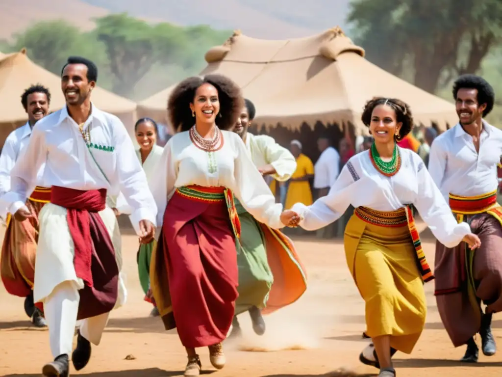 Danza Tigrinya de Eritrea: baile tradicional con coloridos atuendos y expresiones alegres, celebrando la rica herencia cultural