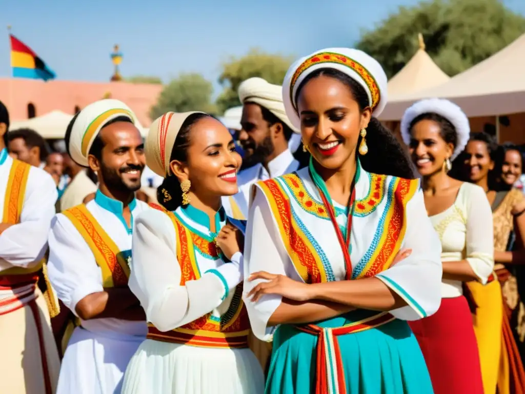 Danza Tigrinya de Eritrea: celebración cultural con elegantes bailarines en trajes tradicionales, danzando al ritmo de la música tradicional