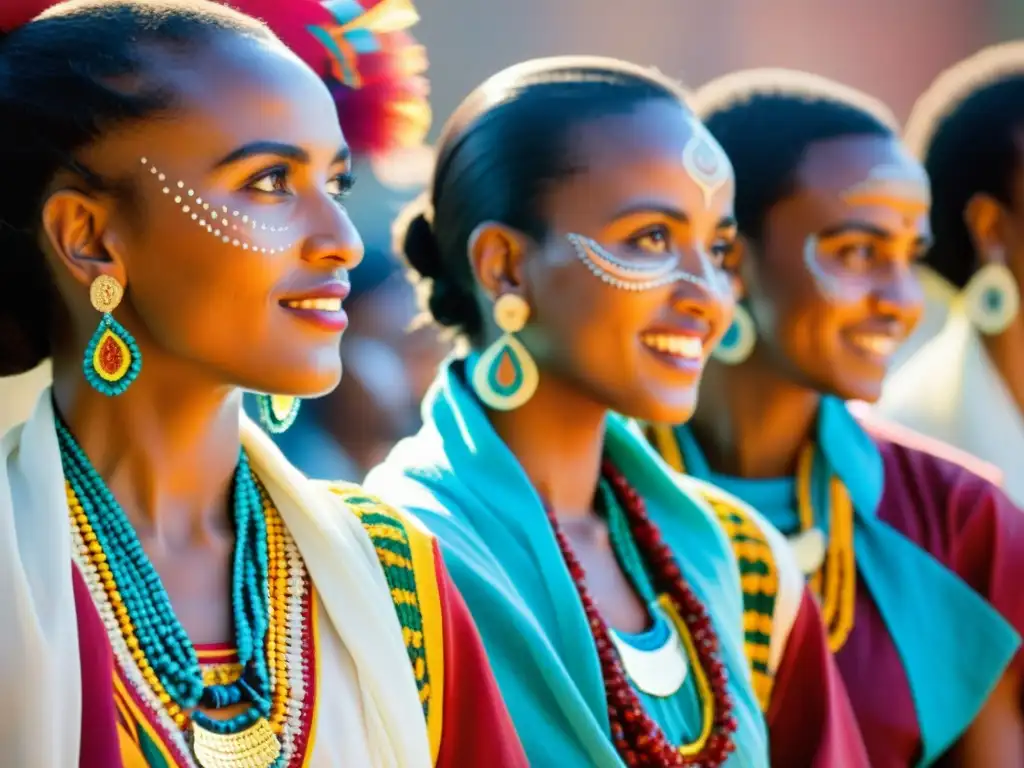 Danza Tigrinya Eritrea significado cultural: Grupo de bailarines Tigrinya en atuendos tradicionales, disfrutando de la danza al atardecer