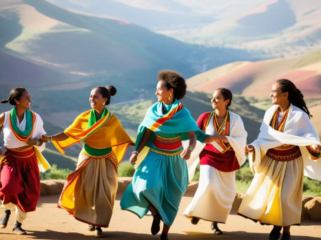 Danza Tigrinya Eritrea significado cultural: Grupo de bailarines Tigrinya danzando con gracia y colorido en paisaje eritreo