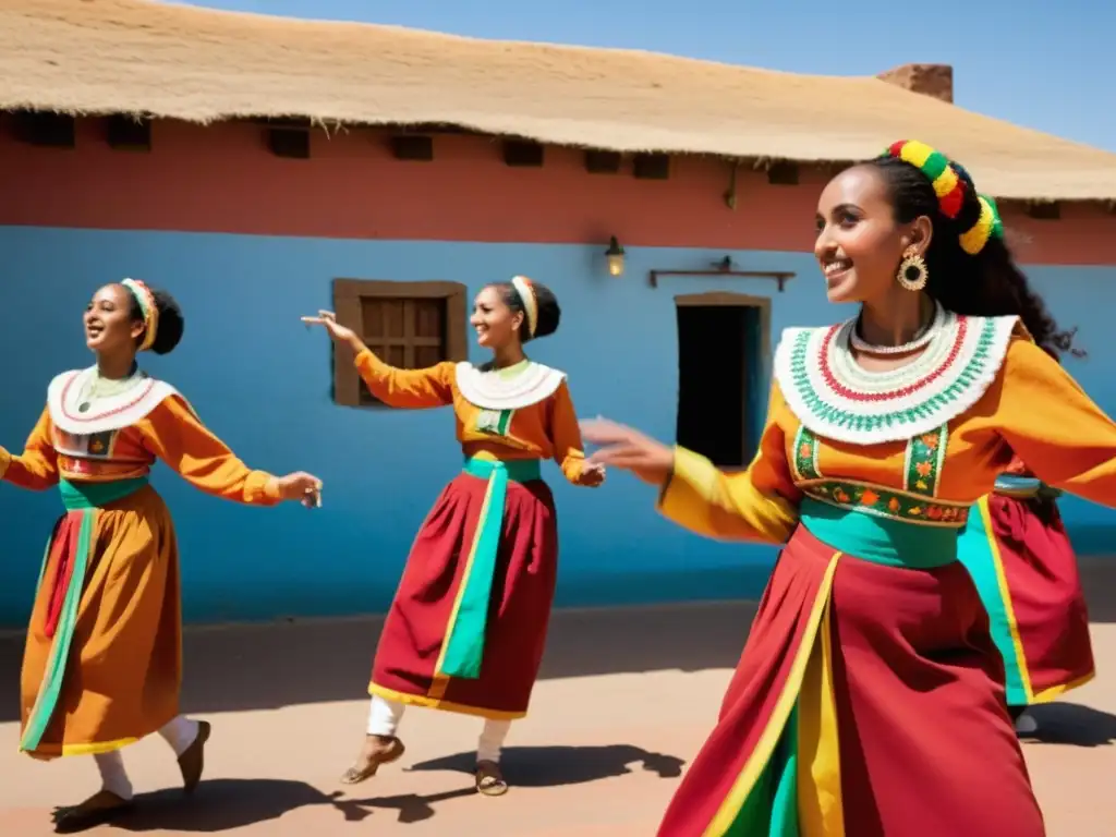 Danza Tigrinya Eritrea significado cultural: Grupo de bailarines en atuendos tradicionales, ejecutando una danza vibrante en un patio soleado