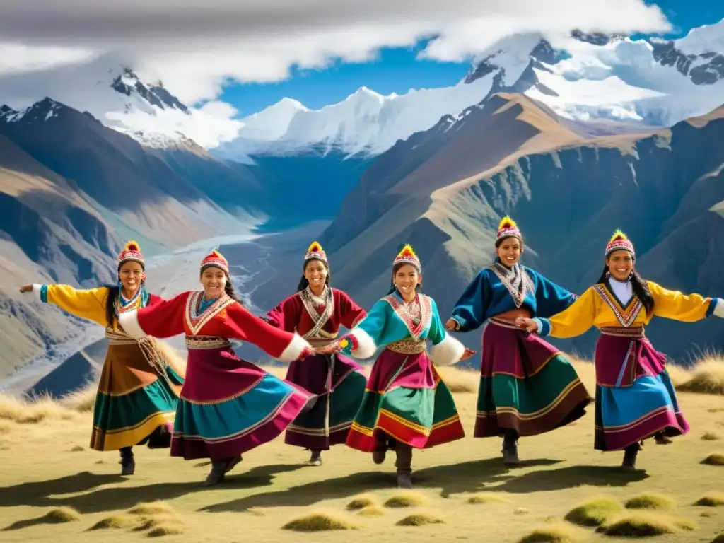 Danza de las Tijeras en los Andes: Bailarines andinos en trajes tradicionales ejecutando movimientos acrobáticos frente a picos nevados