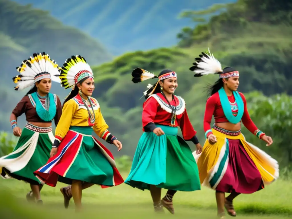 Danza típica de indígenas con trajes coloridos y detallados en un paisaje exuberante, mostrando la evolución del vestuario en danzas típicas