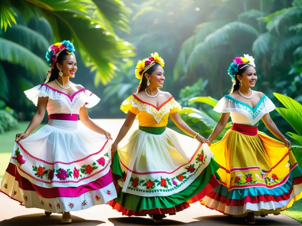 Danza típica Panameña La Pollera Colorada: Grupo de bailarines folclóricos con vestidos vibrantes, moviéndose graciosamente en la exuberante vegetación