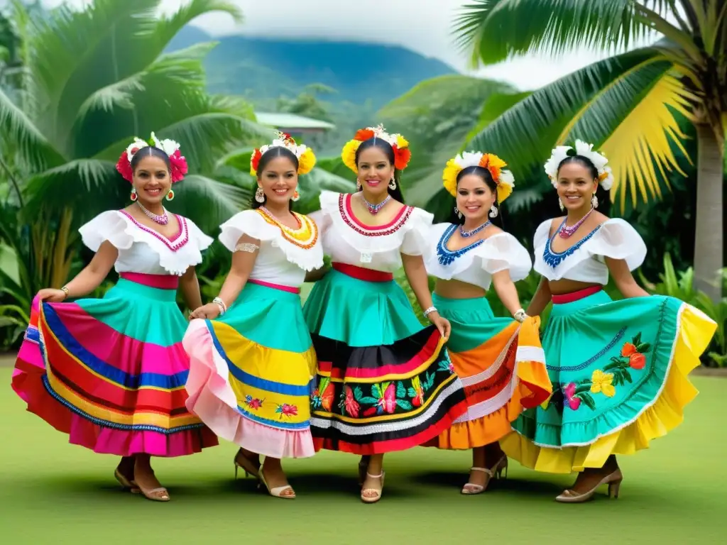 Danza típica Panameña la Pollera Colorada: Mujeres visten polleras bordadas, danzando entre vegetación exuberante y arquitectura tradicional