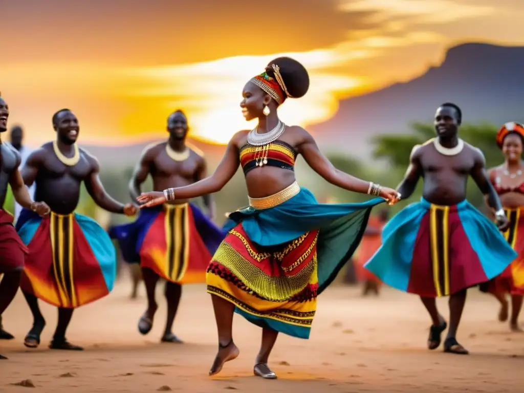 Danza tradicional africana: expresión cultural en movimiento y color, con músicos y el cálido atardecer