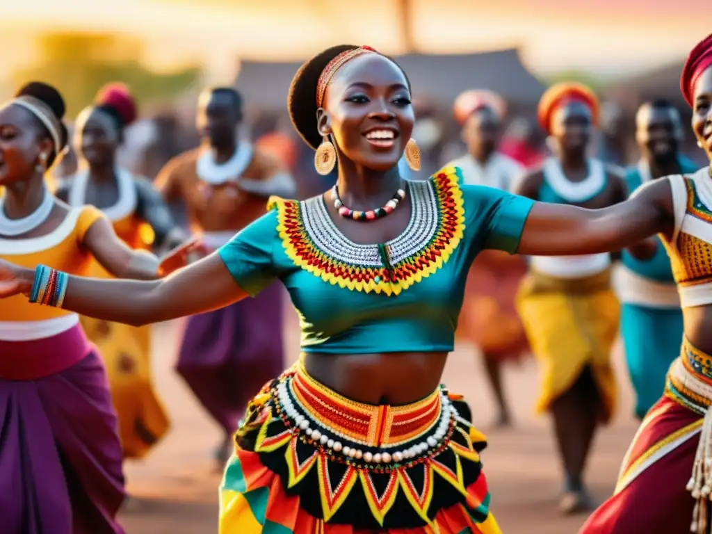 Danza tradicional africana con vestimenta vibrante y comunidad celebrando al atardecer