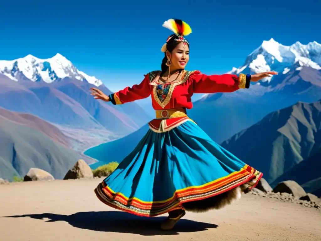 Danza tradicional andina con coloridos trajes y movimientos dinámicos frente a majestuosas montañas