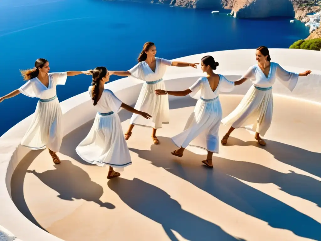 Danza tradicional en la antigua Grecia: Bailarines en túnicas blancas realizan una danza circular sincronizada en un anfiteatro bañado por el sol del mar Egeo