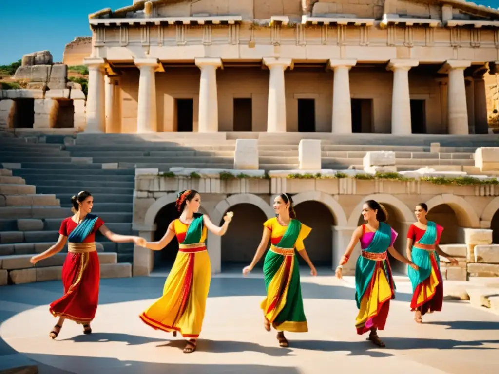 Danza tradicional en la antigua Grecia: Deslumbrante baile griego en un antiguo anfiteatro, con trajes coloridos y movimientos gráciles