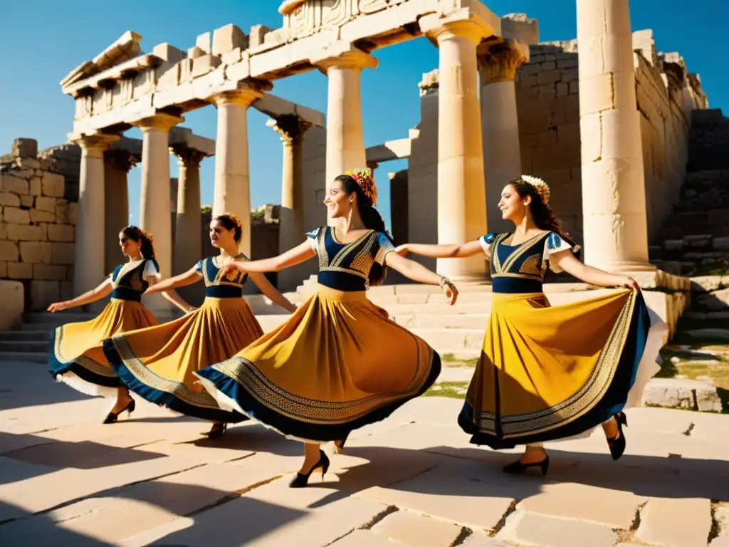 Danza tradicional en la antigua Grecia: Gráciles bailarines en trajes vibrantes danzan al aire libre entre antiguas ruinas, bajo la cálida luz dorada