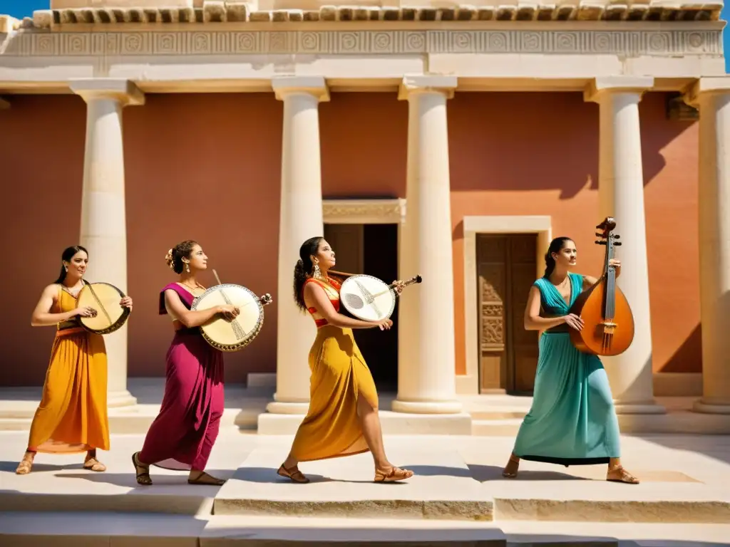 Danza tradicional en la antigua Grecia: músicos y bailarines en un patio soleado, con vestimenta colorida y arquitectura griega de fondo