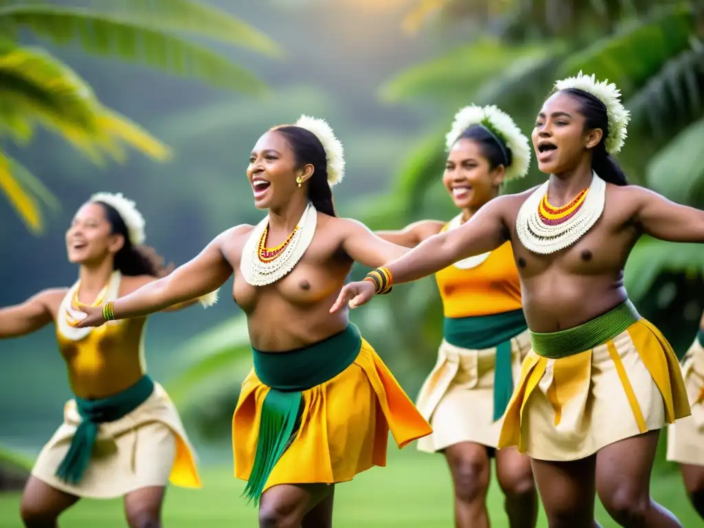 Danza tradicional Mor Lamhong de Fiji: Bailarines fijianos en trajes vibrantes, enérgicos y conectados con su herencia, en un escenario culturalmente rico al atardecer