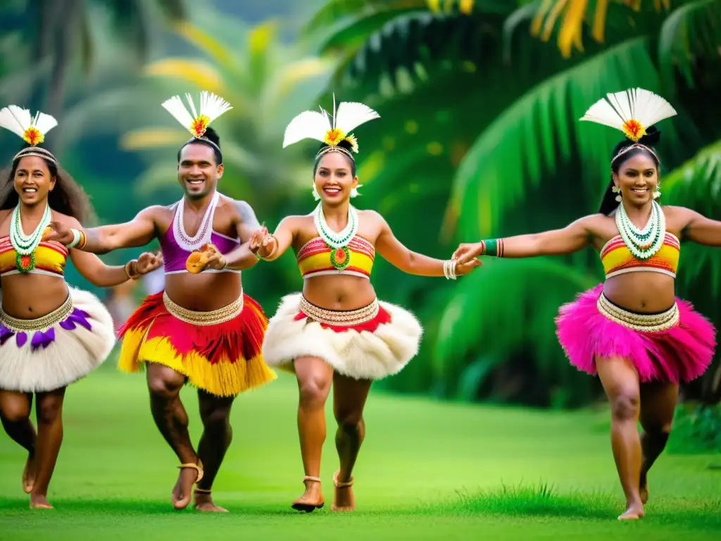 Danza tradicional Mor Lamhong de Fiji: Bailarines fijianos en trajes coloridos ejecutan la danza con pasión y gracia en un entorno tropical exuberante