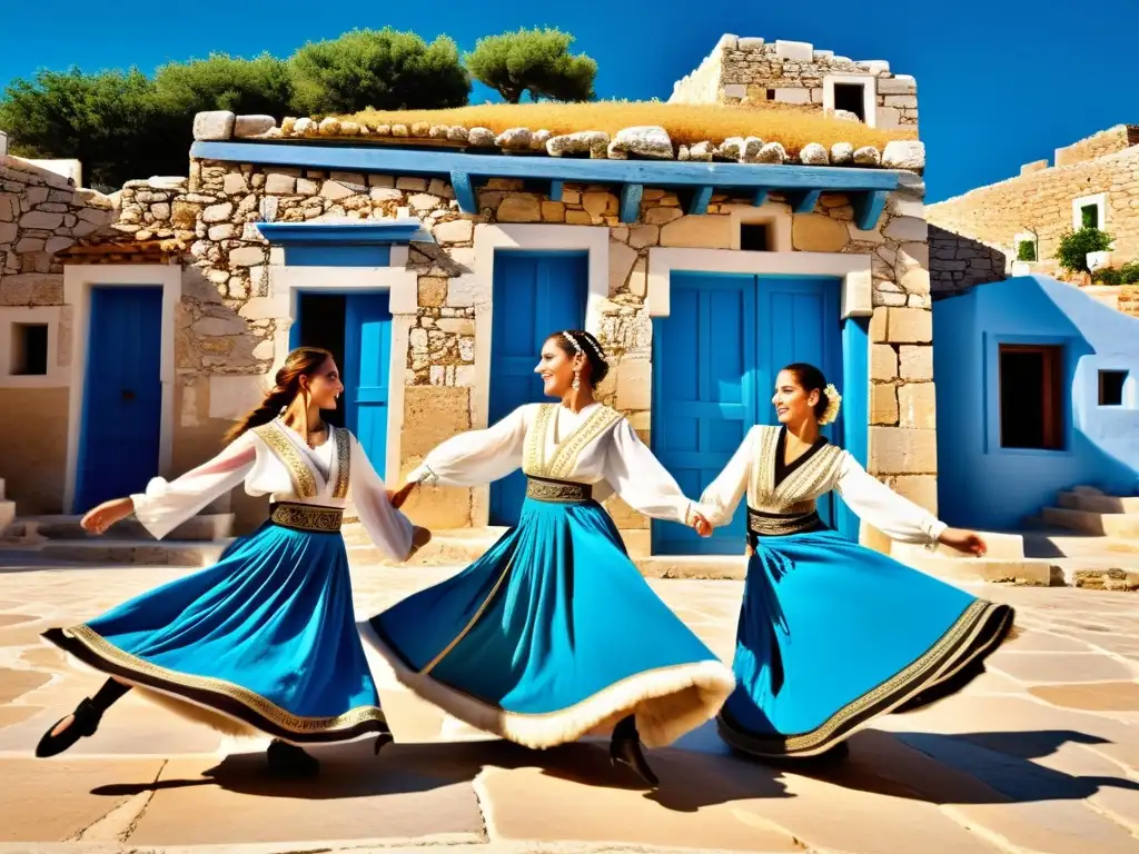 Transmisión de la danza tradicional en Grecia: bailarines griegos en atuendos vibrantes actúan en una plaza soleada, con edificios antiguos al fondo