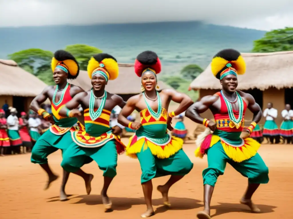 Danza tradicional Makossa de Camerún: Bailarines en trajes vibrantes ejecutan acrobacias, expresando pasión y orgullo