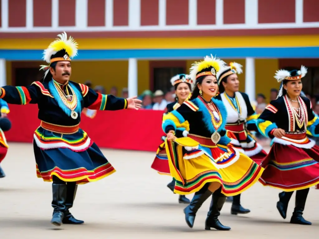 Danza tradicional Tinkus Bolivia: Grupo de bailarines en trajes coloridos y vibrantes, capturando la energía cruda y la fuerza de la danza Tinkus