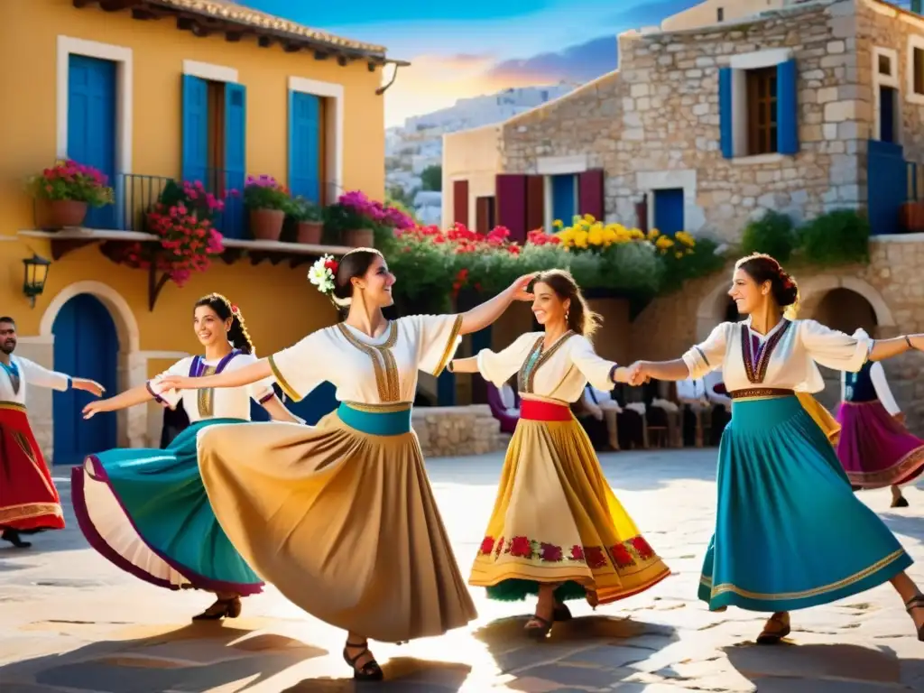 Transmisión de la danza tradicional en Grecia: grupo de bailarines en trajes coloridos, girando con alegría en la plaza del pueblo