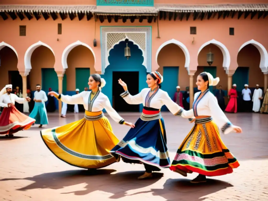 Danza tradicional Chaabi Marruecos: Grupo de bailarines con trajes vibrantes en la animada plaza de Marrakech, bajo el cálido sol dorado