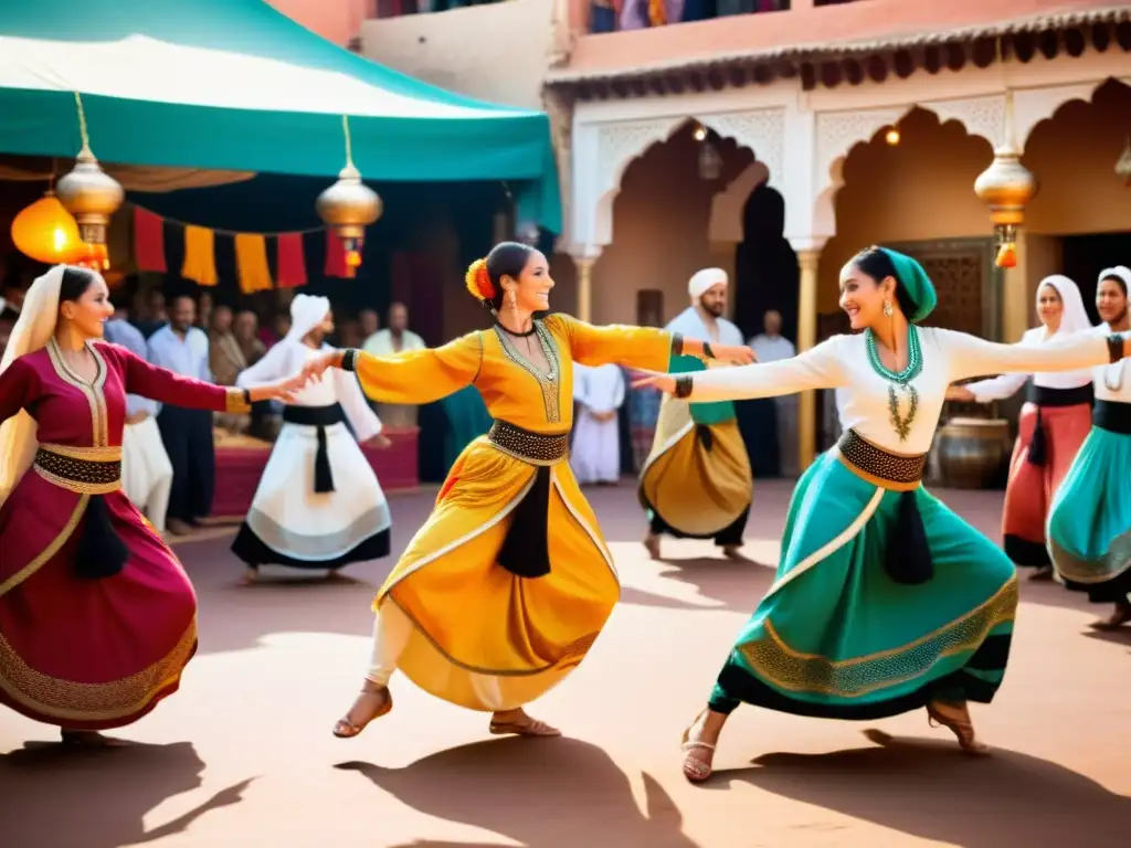 Danza tradicional Chaabi Marruecos: Grupo de bailarines en vibrantes trajes, movimientos gráciles en un mercado marroquí