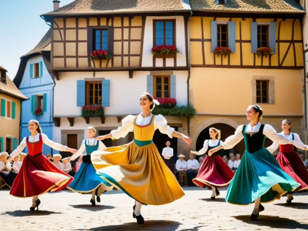 Danza tradicional en educación europea: Grupo de baile en una plaza soleada, con trajes vibrantes y arquitectura histórica de fondo, mientras la comunidad observa con asombro y admiración la expresión cultural