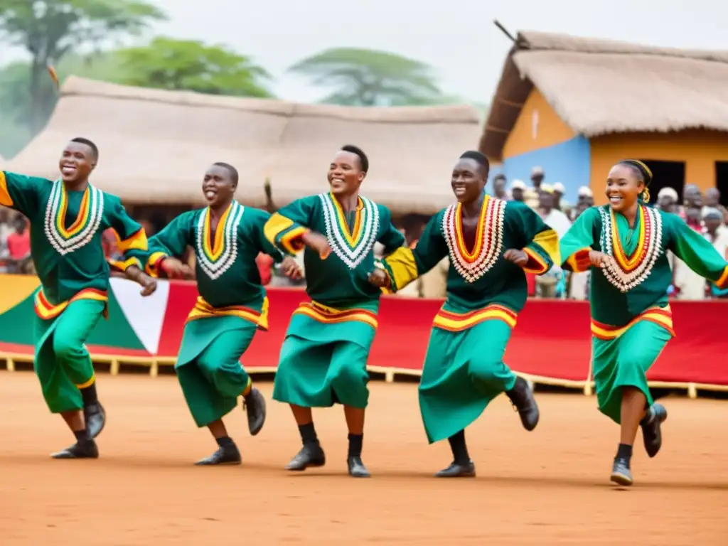 Danza tradicional Makossa de Camerún: Grupo de bailarines con atuendos vibrantes y acrobacias impresionantes en una escena festiva de aldea