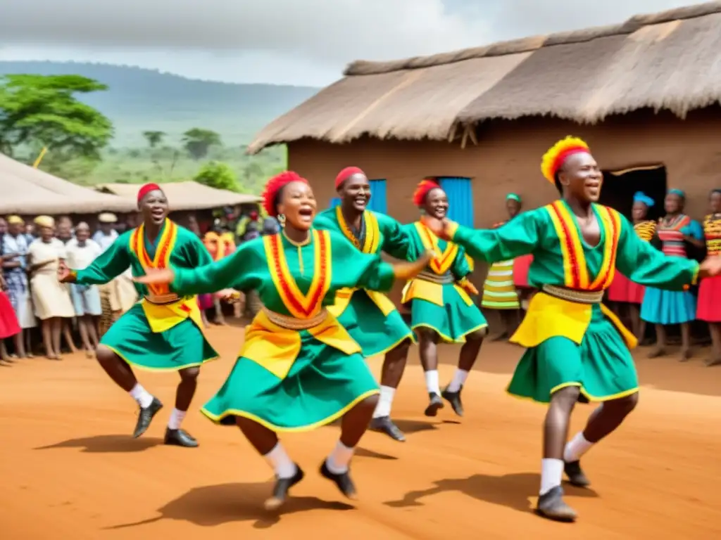 Danza tradicional Makossa de Camerún: Grupo de bailarines en trajes vibrantes, saltando al ritmo de la música en una escena festiva y animada