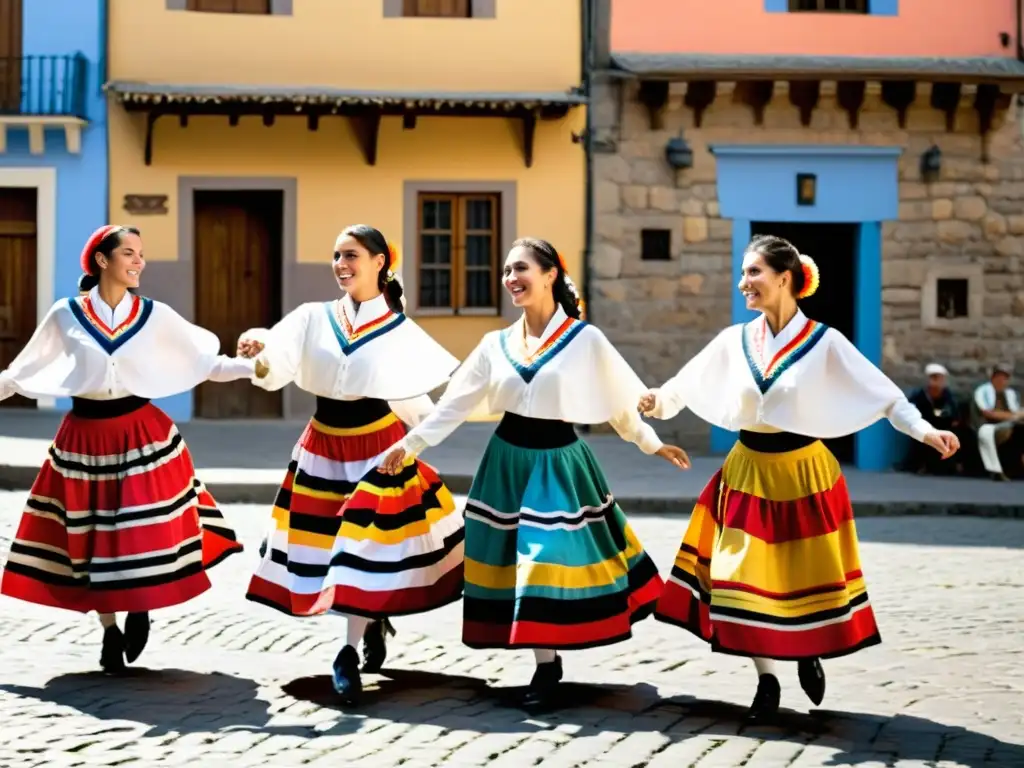 Danza tradicional Chacarera en Europa: Bailarines europeos vistiendo trajes argentinos, moviéndose al ritmo de la música en una plaza europea rústica